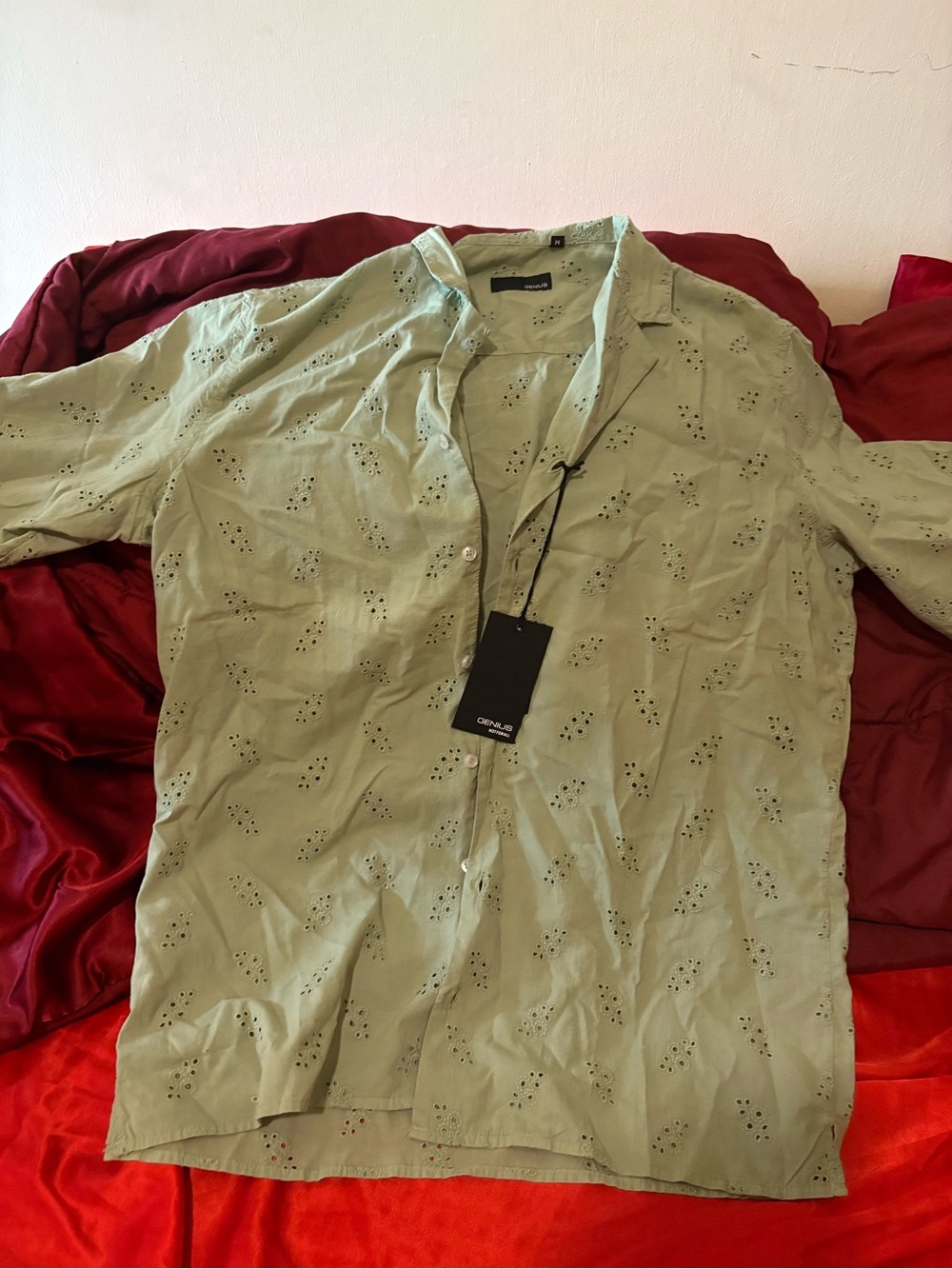 Italian Men's Sage Eyelet Linen Button-Down Shirt - Casual Lightweight